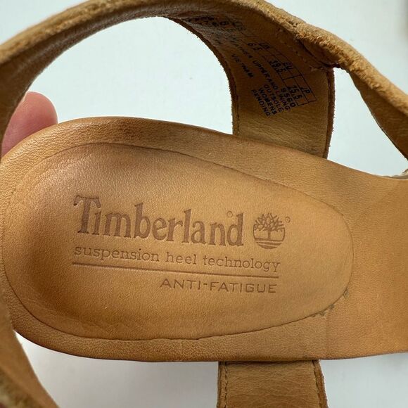 Timberland Womens Sz 8.5 Sandals Heels Tan Leather Ankle Strap Open Toe - Picture 8 of 10
